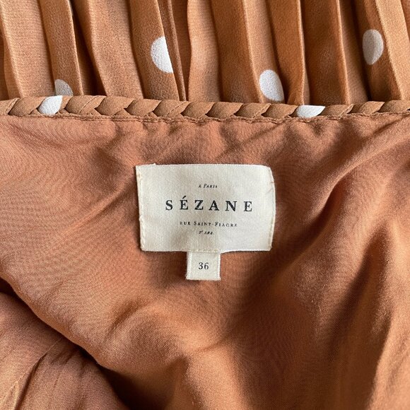 Sezane Nella Polka Dot Pleated Midi Dress 36 Brown White Tie Straps Chic - Picture 6 of 9